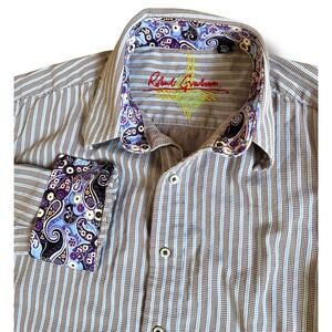 Robert Graham Mens Blue Brown Houndstooth Paisley Trim Button Down Shirt Medium